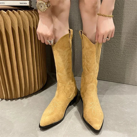 Sonicelife Western boots women's thick heel pointed toe 2025  autumn new four seasons boots V-mouth embroidered mid-boots retro cowboy boots