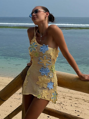 Sonicelife Crochet Hollow Out Women Knit Dress Elegant Contrasting Off Shoulder Backless Mini Vestidos New Summer Lady Beach Vocation Robes