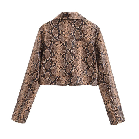 Sonicelife Women's new imitation leather coat long sleeve zipper snake print fashion casual top leather jacket