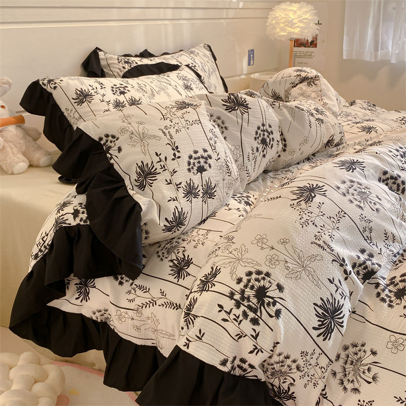 Sonicelife Ins French Style Girls Heart Lace Bedding Set Bubble Wash Cotton Quilt Cover With Pillowcases Bed Sheet Set 4pcs