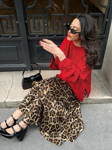 Sonicelife 2024 Summer Woman Leopard Print Skirt Vintage High Waist Loose Midi Skirts Chic Elegant Casual Streetwear Women's Skirt