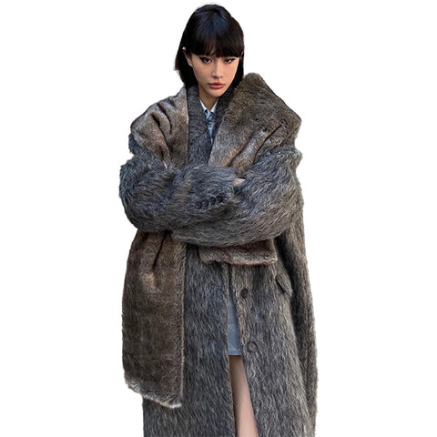 christmas outfit Sonicelife Autumn Winter Oversized Extra Long Warm Thick Gray Wool & Blends Coat Women Loose Casual Fluffy Korean Fashion 2025