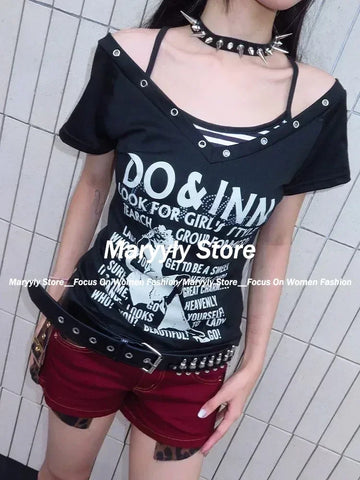 Sonicelife 2025 Summer Y2k Aesthetic Tops Two Pieces Set Women Harajuku Fairy Cropped Letter Printing V Neck T Shirts + Stripe Grunge Vest