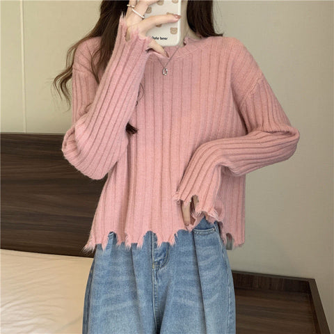 Sonicelife Design Retro Japan Sweaters Women Casual Long Sleeve Irregular Knitted Pullovers Fall Sweet Loose Elegant Apricot Jumpers