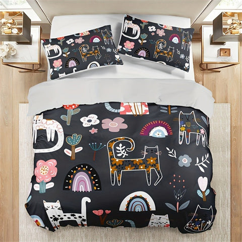 Sonicelife 3pcs Cat & Floral Print Bedding Set - Includes 1 Duvet Cover and 2 Pillowcases, Breathable Polyester, Machine Washable - Perfect