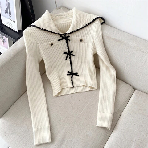 Sonicelife Pure Color Knitted Sweater Woman Korea Fashion Y2k Crop Tops Long Sleeve Basic Elegant Pullover Bow Design Casual 2025 Autumn