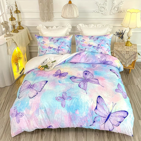 Sonicelife 3-Piece Vibrant Rainbow Butterfly Duvet Cover Set - Soft, Cozy Girls' Bedding with 1 Duvet Cover and 2 Pillowcases - Ideal Room