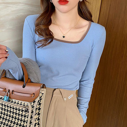 Sonicelife Square Collar Long Sleeve T Shirt Women New Casual Korean Slim Crop Tops Autumn Irregular Solid All Match Shirt Female Top