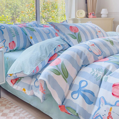 Sonicelife Ins Blue Stripe Duvet Cover Set Soft Flat Sheet Quilt Cover Pillowcase Bed Linen Twin Queen Full Size Floral Bedding Set