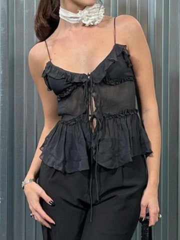 Sonicelife See Through Ruffled Trim Tie Up Cami Top