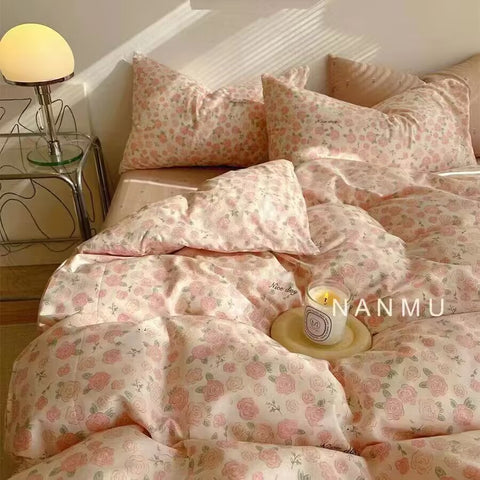 Sonicelife Romantic Rose Pink Floral Bedding Set Double Size Flat Sheet Duvet Cover and Pillowcase For Girls Soft Bed Linen Home Textile