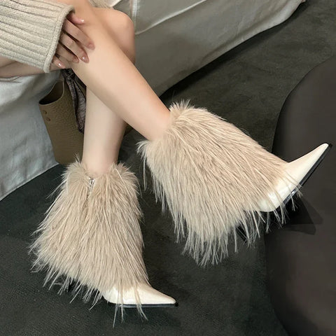 Sonicelife Fur High Heels Women Ankle Chelsea Boots Fashion Pointed Toe Shoes Designer 2024 New Winter Trend Dress Gladiator Zapatos Femme