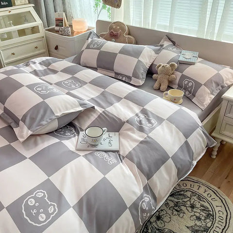 Sonicelife Checkerboard Bedding Set No Comforter Quilt Duvet Cover Pillowcase Flat Sheet Single Queen Size Polyester Bedclothes