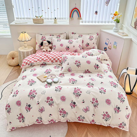 Sonicelife White Pink Bedding Set Ins Floral Twin Queen Size Duvet Cover Flat Sheet Pillowcase No Filler Girl Boy Home Dormitory Bed Linens