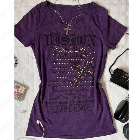 Sonicelife Punk Women's T Shirt Gothic Summer Hip Hop Short sleeve Graphic Tee Femme Grunge Vintage Clothes 90s Aesthetic Crop Top Y2k Tops