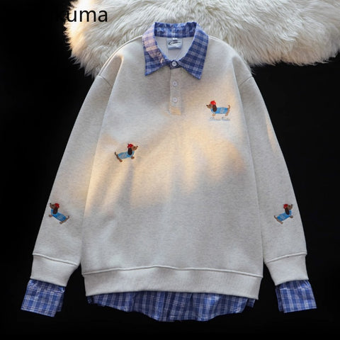 Sonicelife Anime Hoodie 2025 Women's Clothing Fake Two Y2k Tops 2025 Ropa Mujer Embroidery Dog Sweatshirts Casual Fashion Korean Hoodies