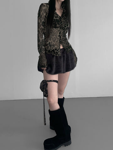 Sonicelife E-girl Vintage Y2k Leopard Shirt Women Streetwear Pastel Goth Emo Alt Sexy See Through Long Sleeve Lace-up Mesh Blouse
