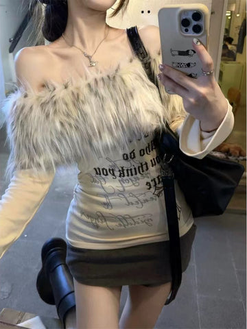 Sonicelife Autumn Winter Korean Fashion Coquette Slash Neck T-Shirt Women Hot Girl Tee Tops Design 2000s Aesthetic Vintage Old Money Y2k