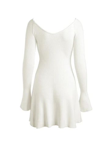 Sonicelife hoco dresses-Solid V Neck Ribbed A-line Knit Mini Dress