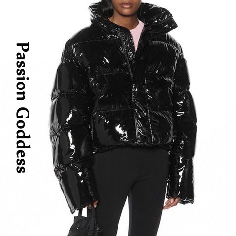 Sonicelife Women Winter Bright PU Puffer Jacket Warm Thick Bubble Coat Oversize Zipper Glossy Leather Down Parka Outerwear Cute Pink Jacket