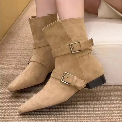 Sonicelife 2025   new fashion design khaki suede leather buckle strap pointed toe boss boots punk style goth square heel women shoes