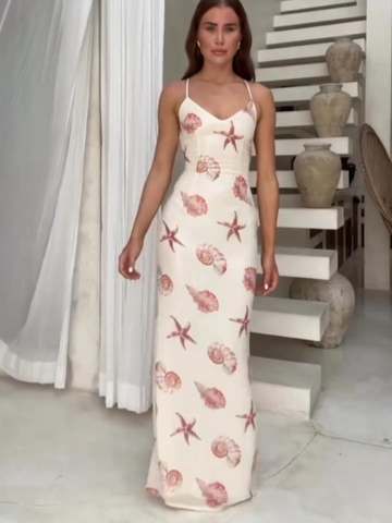 Sonicelife Brown Starfish Printed Ruffle Hem Dress Women Elegant Backless Sling Long Dresses 2025 Summer Lady Vocation Causal Vestidos New
