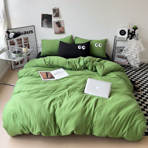 Sonicelife Ins Style Big Eyes Duvet Cover No Filling Double Mix Color Flat Sheet Pillowcases Washed Cotton Embroidery Queen Bedding Set