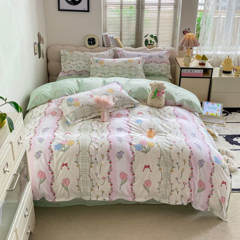 Sonicelife Floral Printed Duvet Cover Fresh Tulip Flower Comforter Cover and Sheet Pillowcase Skin-friendly Girl Home Bedding Set NO Filler