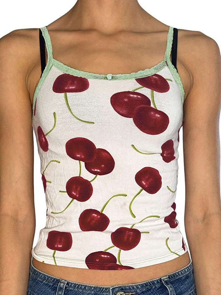 Sonicelife Lace Trim Cherry Print Contrast Tank Top