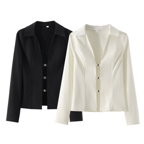 Sonicelife Women's Single Breasted Long Sleeved Shirt with Metal Buckle Hollow Out Sexy Design Fashionable Temperament New