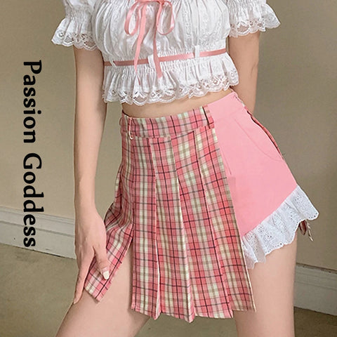 Sonicelife Cute Women Lace Irregular Pleated Skirts Harajuku Lace Plaid Stitching Lolita Skirts Female Sweet Black Pink Pleated Skirt Mujer