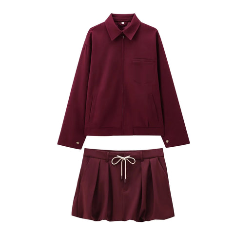 thanksgiving outfit Sonicelife 2024 Autumn Winter Casual Women Suits Fashion Solid Zipper Turn-down Collar Jackets+Chic Drawstring Mini Ladies Skirts