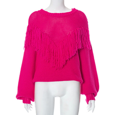 Sonicelife Women Pink Knitted Sweater Tops Cashmere Knit Tassel Jumper Pullovers Long Sleeve Loose Sweaters Y2K Aesthetics Retro Sweater