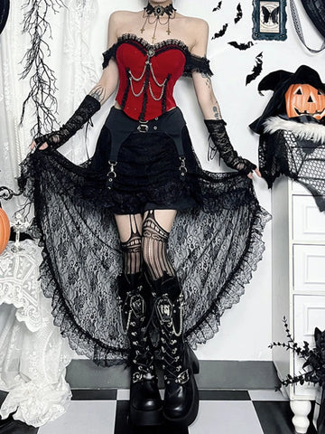Sonicelife Christmas Dark Goth Red Vest Women Vintage Streetwear Y2k E-girl Cyber Punk Lace Chain Patchwork Crop Tank Tops Clubwear