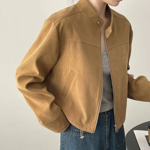 Sonicelife American Vintage Jacket Women Y2K Autumn Stand Collar Long Sleeve Zipper Short Coat Harajuku Streetwear All Match Motorcycle Top
