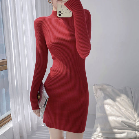 Sonicelife Mock Neck Solid Slim Sweater Dress Long Sleeve Knit Sexy Bodycon Dress Basic Casual Dress for Women Autumn Winter