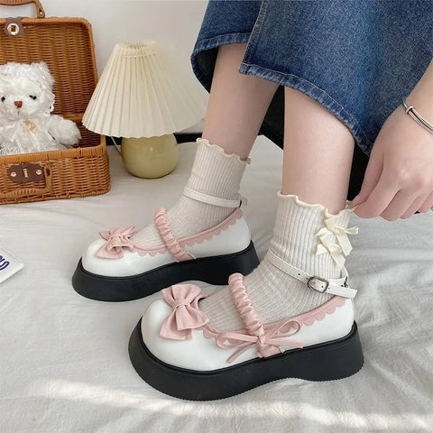 Sonicelife Shoes Woman Flats All-Match Oxfords Bow-Knot Clogs Platform Dress Comfortable New Leather Butterfly Summer Creepers Nurse Butter