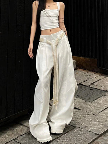 Sonicelife Y2K Casual Wide Leg Pants Women American High Street Fashion Sweatpants White Loose All Match Pleated Trousers Female New
