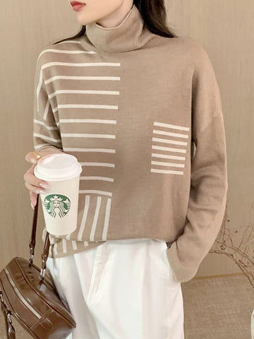 christmas outfit Sonicelife Long Sleeves Loose Contrast Color Striped High Neck Pullovers Sweater Tops