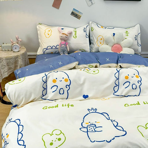 Sonicelife Cute Dinosaur Bedding Set for Kids Duvet Cover No Filling Flat Sheet Pillowcase Boys Girls Full Queen Size Spring Bed Linen