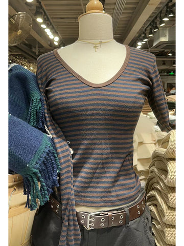 Sonicelife Women's Brown Striped Cotton T-Shirt V Neck Slim Long Sleeve Tee Tops Female Streetwear Vintage Y2K Spring Autumn Woman Tshirt