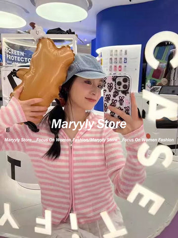 Sonicelife 2025 Autumn New Pink Striped All-match Hoodie Tops Women Casual Bottoming Cardigan Sweet kawaii Long Sleeve Zipper Sweatshirts