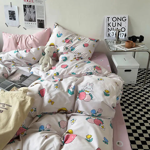 Sonicelife Kawaii Duvet Cover Bedding Set No filler Ins Style Cartoon Flat Sheet Pillowcase Single Full Bed Linen Girls Boys Home Deco 2024