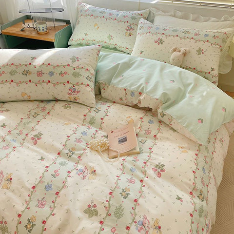 Sonicelife Ins Bedding Set Cream Green Floral Twin Queen Size Duvet Cover Flat Sheet Pillowcase No Filler Girl Boy Gift Home Bed Linens