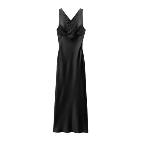 Sonicelife Women's Silk Satin Dress with V-neck Cross exposed Back Fashionable and Sexy Temperament Midi Suspender Long Skirt Silk Like New