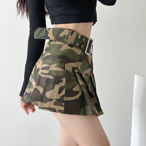 Sonicelife Summer Women Camouflage Pleated Mini Skirts Dance Lady School High Waist Belt Pink Camo Pleated Skirt Cosplay A Line Cute Skirts