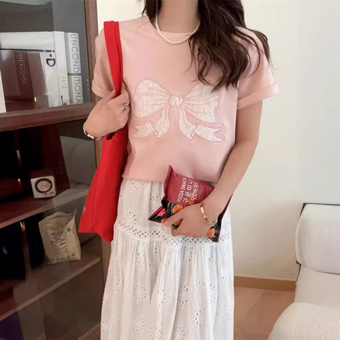 Sonicelife Embroidery Bow Oversized Short Sleeve Tee
