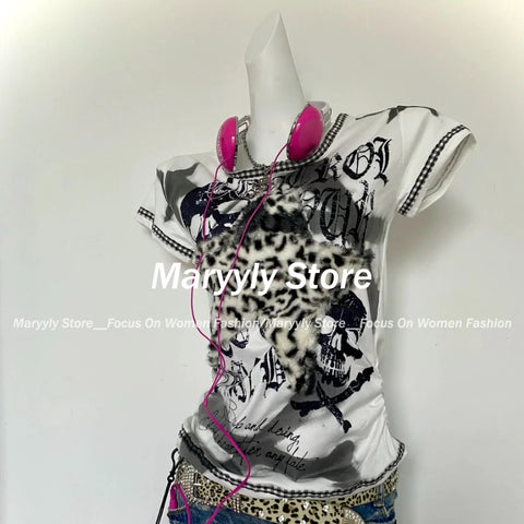 Sonicelife 2025 Summer Vintage TShirts Women Casual Leopard Print Patchwork Short Sleeve Top Y2k 2000s Sweet Cool Punk Subculture Tees New