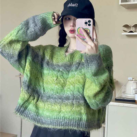 Black Friday Sonicelife Y2K Stripe Tie Dye Women Knit Short Sweaters Autumn Korean Rainbow Sweet Pullover Harajuku Streetwear All Match Crop Jumpers