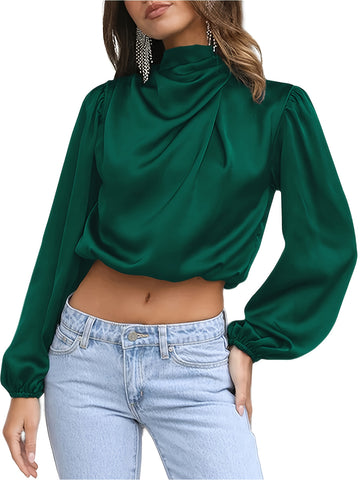 Sonicelife-Women Satin Blouses Dressy Cowl Neck Long Sleeve Crop Tops